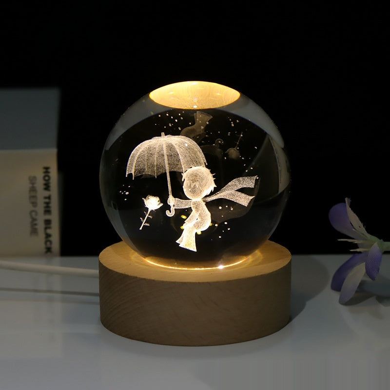 Creative 3D Laser Carved Crystal Ball Bedroom Small Night Lamp