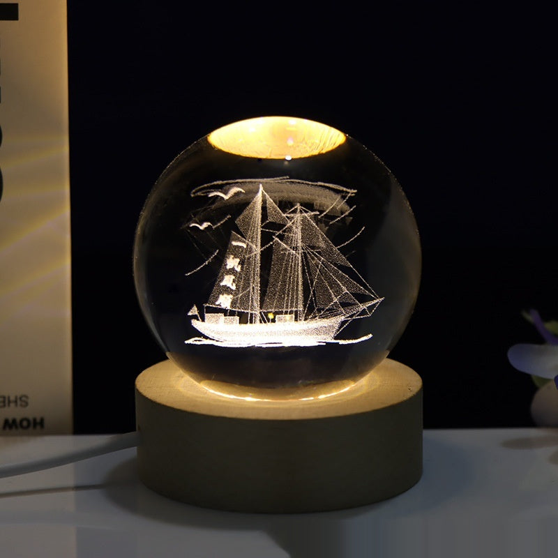 Creative 3D Laser Carved Crystal Ball Bedroom Small Night Lamp